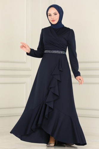 moda selvim Evening Dress ASM2497 Navy Blue - Thumbnail