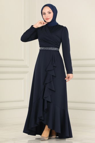 moda selvim Evening Dress ASM2497 Navy Blue - Thumbnail