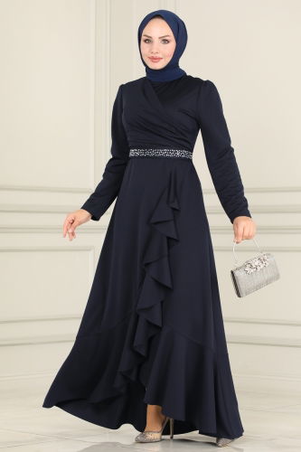 moda selvim Evening Dress ASM2497 Navy Blue - Thumbnail