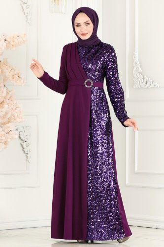 moda selvim EVENING DRESS ASM2516 Damson - Thumbnail