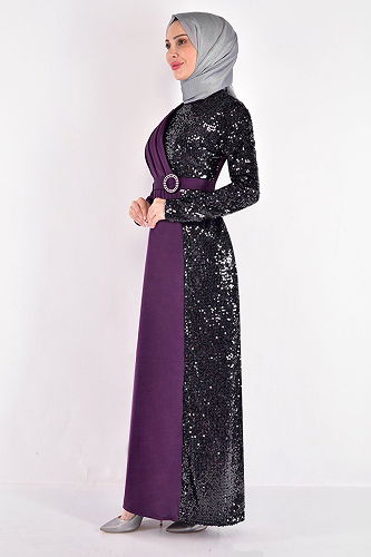 moda selvim Evening Dress ASM2516-M Damson - Thumbnail