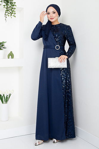 moda selvim Evening Dress ASM2516-M Navy Blue - Thumbnail