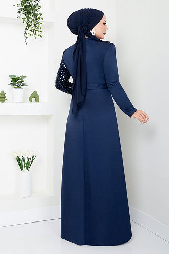 moda selvim فستان سهرة كحلي ASM2516-M - Thumbnail