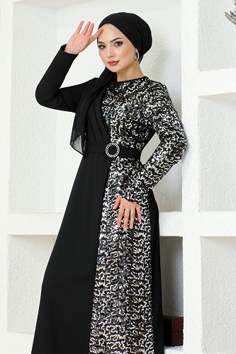 moda selvim فستان سهرة فضي ASM2516-M - Thumbnail