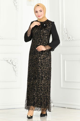 moda selvim EVENING DRESS ASM2517 Black&Gold - Thumbnail