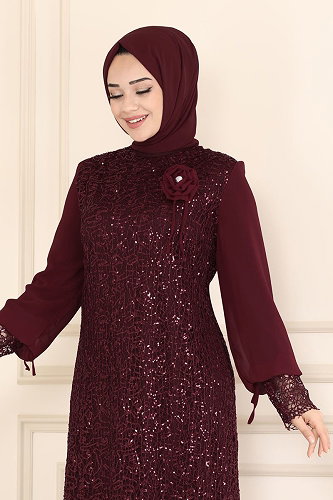 moda selvim Evening Dress ASM2517 Burgundy - Thumbnail