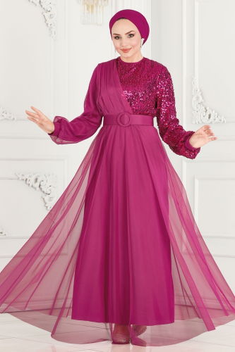 moda selvim Evening Dress ASM2519 Fuchsia - Thumbnail