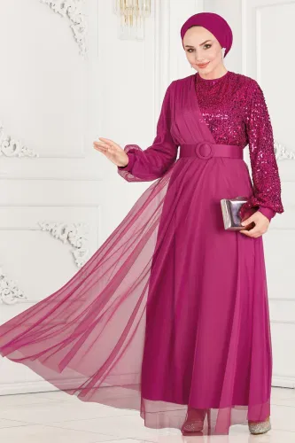 moda selvim Evening Dress ASM2519 Fuchsia - Thumbnail