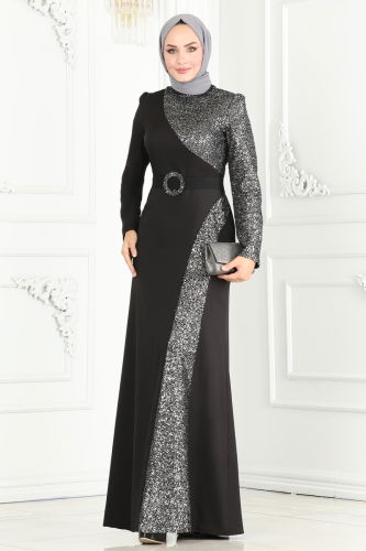 moda selvim EVENING DRESS ASM2524 Black & Silver - Thumbnail