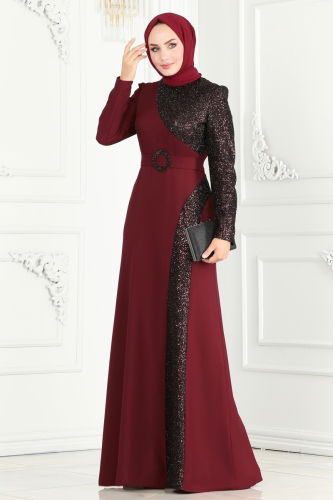 moda selvim EVENING DRESS ASM2524 Burgundy - Thumbnail