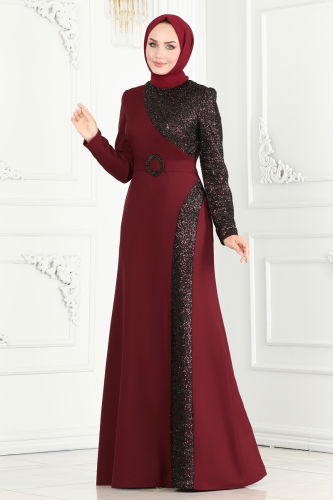 moda selvim EVENING DRESS ASM2524 Burgundy - Thumbnail