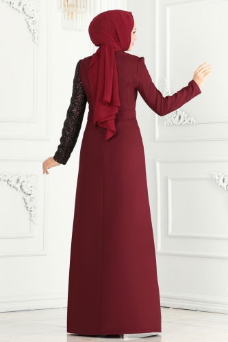 moda selvim EVENING DRESS ASM2524 Burgundy - Thumbnail