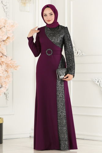 moda selvim EVENING DRESS ASM2524 Damson & Silver - Thumbnail