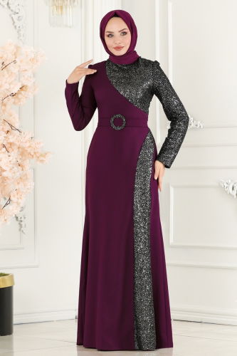 moda selvim EVENING DRESS ASM2524 Damson & Silver - Thumbnail