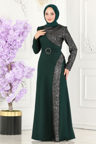 moda selvim Evening Dress ASM2524 Emerald & Silver - Thumbnail