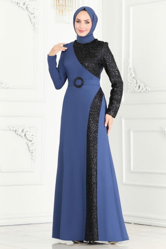 moda selvim Evening Dress ASM2524 Indigo - Thumbnail