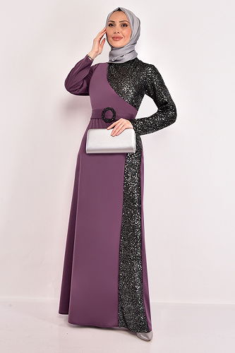 moda selvim فستان سهرة ليلكي غامق ASM2524-M - Thumbnail