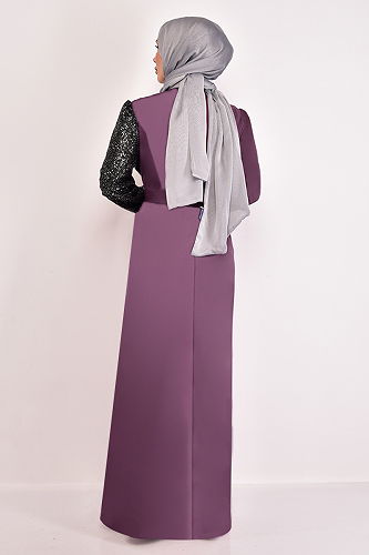 moda selvim فستان سهرة ليلكي غامق ASM2524-M - Thumbnail