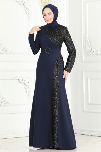 moda selvim EVENING DRESS ASM2524 Navy Blue - Thumbnail