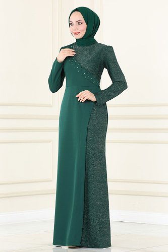 moda selvim فستان سهرة زيتي ASM2530 - Thumbnail