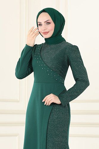 moda selvim فستان سهرة زيتي ASM2530 - Thumbnail