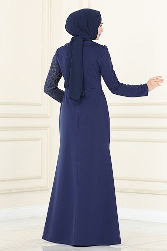 moda selvim Evening Dress ASM2530 Navy Blue - Thumbnail