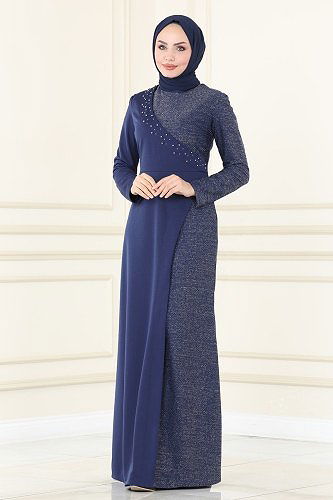 moda selvim Evening Dress ASM2530 Navy Blue - Thumbnail