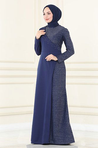 moda selvim فستان سهرة كحلي ASM2530 - Thumbnail