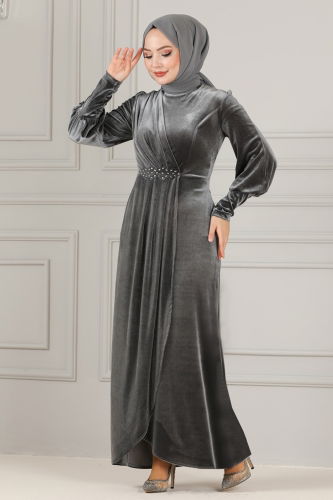 moda selvim Evening Dress ASM2533 Anthracite - Thumbnail