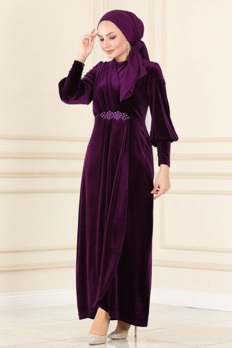 moda selvim Evening Dress ASM2533 Damson - Thumbnail