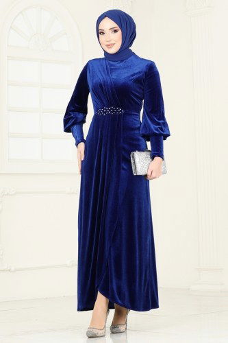 moda selvim فستان سهرة نيلي ASM2533 - Thumbnail