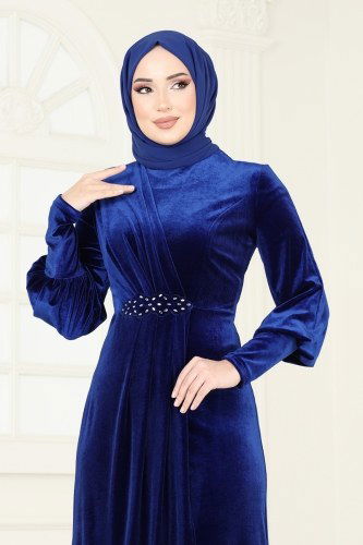 moda selvim فستان سهرة نيلي ASM2533 - Thumbnail