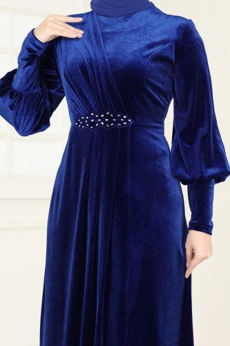 moda selvim فستان سهرة نيلي ASM2533 - Thumbnail