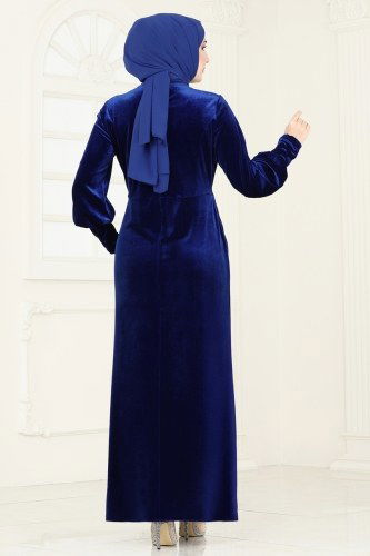 moda selvim فستان سهرة نيلي ASM2533 - Thumbnail