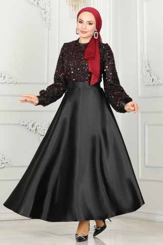 moda selvim Evening Dress ASM2537 Black & Burgundy - Thumbnail