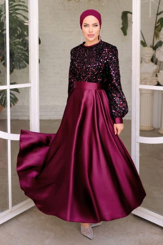 moda selvim Evening Dress ASM2537 Burgundy - Thumbnail