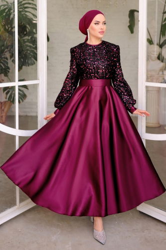 moda selvim Evening Dress ASM2537 Burgundy - Thumbnail