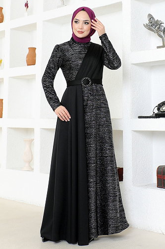 moda selvim Evening Dress ASM2538-M Black - Thumbnail