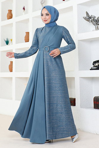 moda selvim فستان سهرة ازرق ASM2538-M - Thumbnail