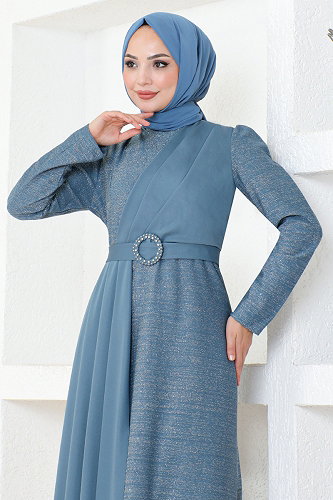 moda selvim فستان سهرة ازرق ASM2538-M - Thumbnail