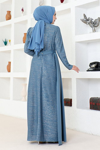 moda selvim فستان سهرة ازرق ASM2538-M - Thumbnail