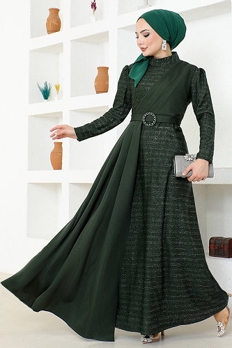 moda selvim فستان سهرة اخضر عفني ASM2538-M - Thumbnail