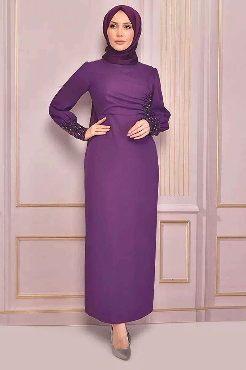 moda selvim EVENING DRESS ASM2553-M Dark Lilac - Thumbnail