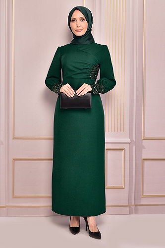 moda selvim فستان سهرة زيتي ASM2553-M - Thumbnail