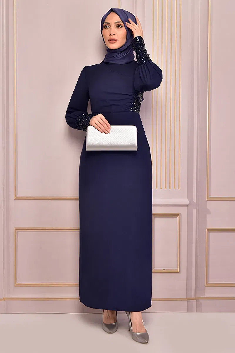 moda selvim فستان سهرة ازرق ASM2553-M - Thumbnail