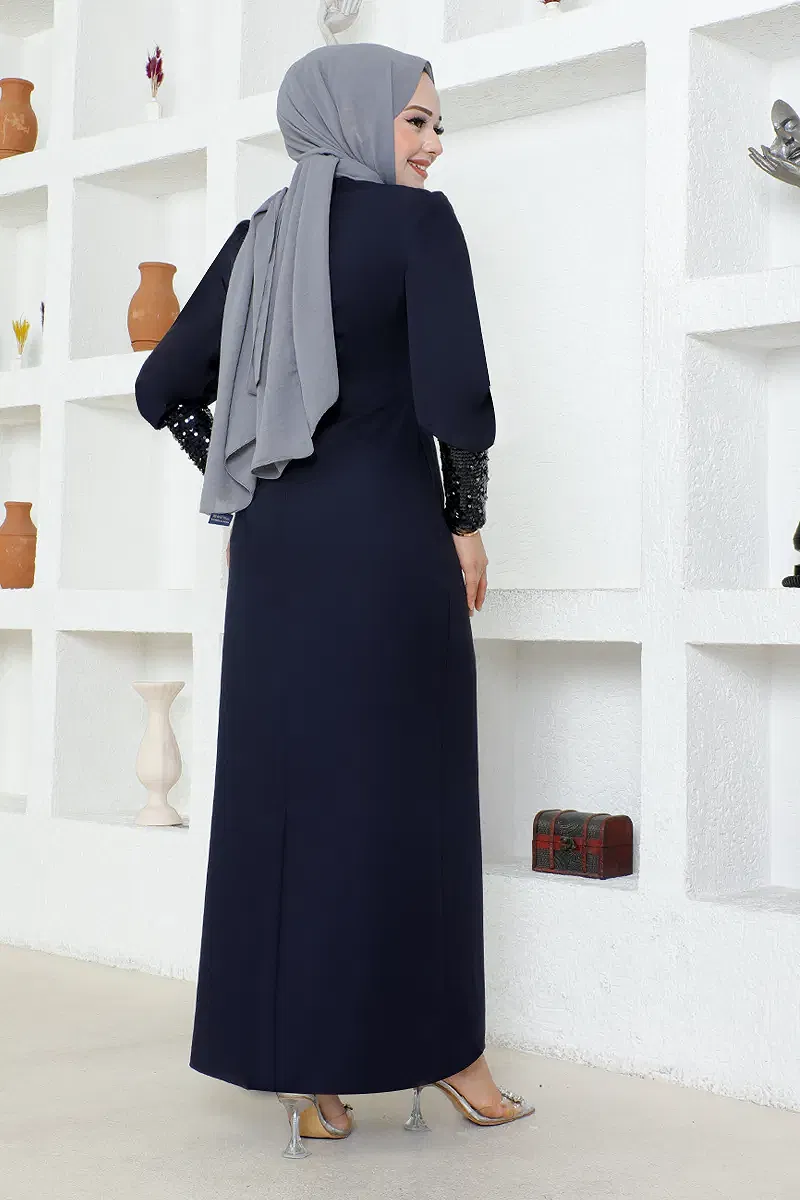 moda selvim فستان سهرة كحلي ASM2553-M - Thumbnail