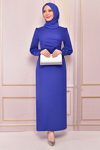 moda selvim فستان سهرة نيلي ASM2553-M - Thumbnail