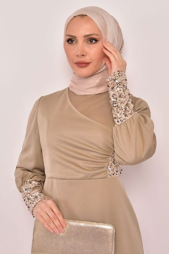 moda selvim فستان سهرة بيج ASM2553-M - Thumbnail