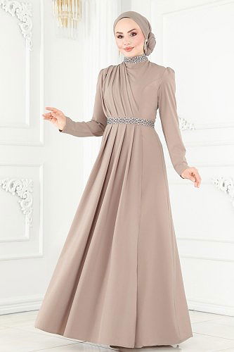 moda selvim فستان سهرة بيج ASM2611 - Thumbnail