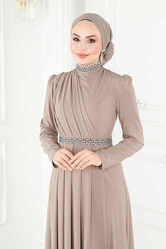 moda selvim فستان سهرة بيج ASM2611 - Thumbnail